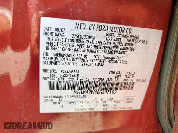 2008 Mercury Sable Premier z VIN 1MEHM42W48G607102, wystawiony jako Copart lot #61003395 z przebiegiem 60 080 mil mil oraz Szkoda całkowita • Salvage title. Historia ofert i sprzedaży dostępna na DreamBid. Obrazek 12.