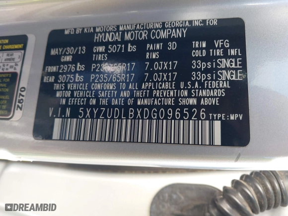 2013 Hyundai Santa Fe Sport with VIN 5XYZUDLBXDG096526, listed as a IAAI auction lot 41490492 with 126,469 mi miles. Bid and sale history available at carsss.com. Image 9.