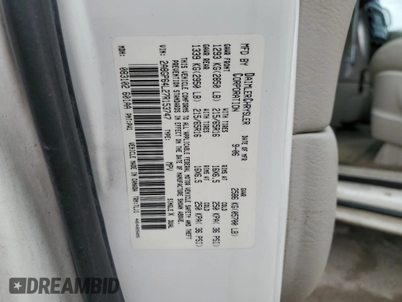 2007 Chrysler Town & Country Limited with VIN 2A8GP64L27R153747, listed as a Copart auction lot 46639205 with 153,531 mi miles and Salvage Title. Bid and sale history available at DreamBid. Image 13.