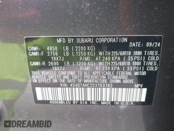 2025 Subaru Outback Limited with VIN 4S4BTANC2S3153162, listed as a IAAI auction lot 41582384 with 2,217 mi miles. Bid and sale history available at carsss.com. Image 9.