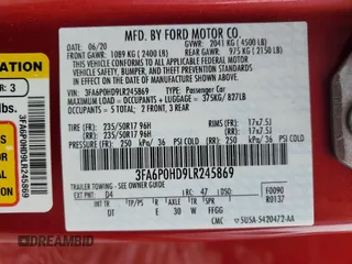 2020 Ford Fusion SE with VIN 3FA6P0HD9LR245869, listed as a Copart auction lot 57998575 with 80,458 mi miles and Salvage title. Bid and sale history available at DreamBid. Image 13.
