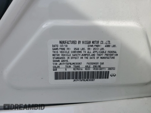 2020 Infiniti Q50 Red Sport 400 с VIN JN1FV7AP8LM630087, выставлен на аукционе Copart как лот 45425455 с пробегом 55 597 миль миль и Списание • Salvage title. История ставок и продаж доступна на DreamBid. Изображение 14.