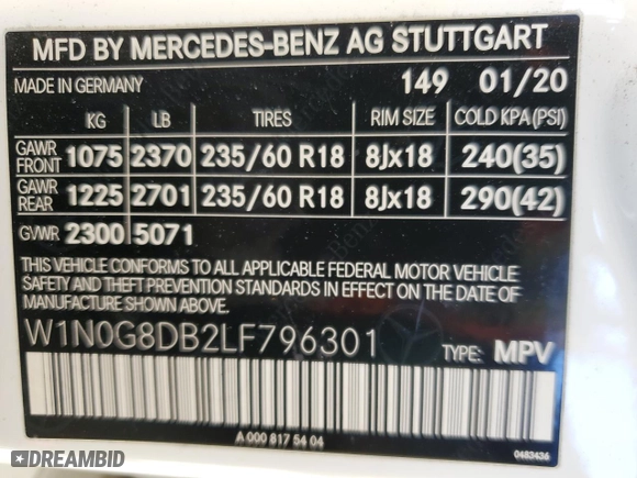 2020 Mercedes-Benz GLC with VIN W1N0G8DB2LF796301, listed as a Copart auction lot 46530175 with 51,070 mi miles and Salvage Title. Bid and sale history available at carsss.com. Image 13.