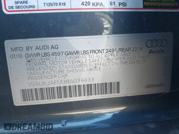 2011 Audi A3 2.0 TDI Premium Plus with VIN WAUKJAFM3BA035633, listed as a IAAI auction lot 41648281 with 111,090 mi miles. Bid and sale history available at carsss.com. Image 9.