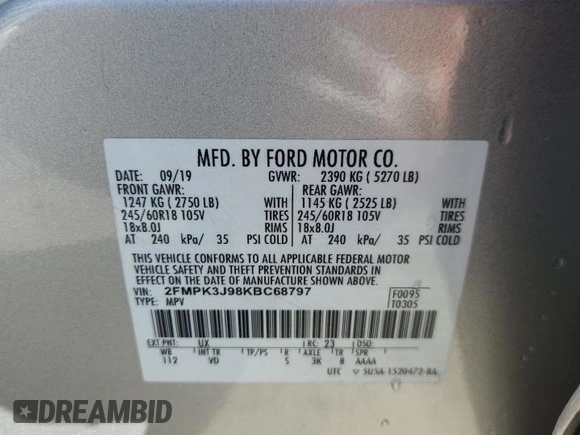 2019 Ford Edge SEL z VIN 2FMPK3J98KBC68797, wystawiony jako Copart lot #63033615 z przebiegiem 50 491 mil mil oraz Szkoda całkowita • Salvage title. Historia ofert i sprzedaży dostępna na DreamBid. Obrazek 14.