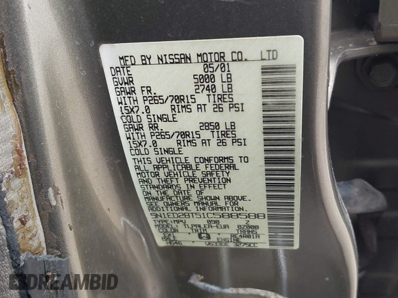 2001 Nissan Xterra XE z VIN 5N1ED28T51C588588, wystawiony jako IAAI lot #41950312 z przebiegiem 258 890 mil mil oraz . Historia ofert i sprzedaży dostępna na DreamBid. Obrazek 9.