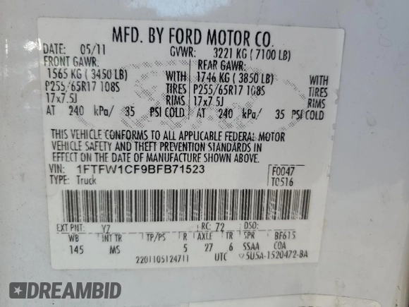 2011 Ford F-150 XL with VIN 1FTFW1CF9BFB71523, listed as a Copart auction lot 59009745 with 241,876 mi miles and Salvage title. Bid and sale history available at DreamBid. Image 12.