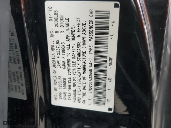 2010 Honda Accord Cpe LX-S with VIN 1HGCS1A33AA010430, listed as a Copart auction lot 53560475 with 345,446 mi miles and Clean Title. Bid and sale history available at carsss.com. Image 12.