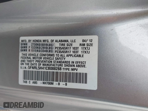 2012 Honda Odyssey EX with VIN 5FNRL5H41CB088288, listed as a IAAI auction lot 41926027 with 125,895 mi miles and . Bid and sale history available at carsss.com. Image 9.