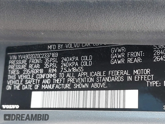 2012 Volvo XC60 3.0L with VIN YV4902DZ0C2337169, listed as a IAAI auction lot 42000698 with 123,726 mi miles. Bid and sale history available at carsss.com. Image 9.