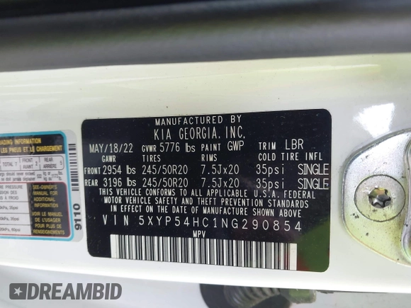 2022 Kia Telluride SX with VIN 5XYP54HC1NG290854, listed as a IAAI auction lot 41966799 with 47,218 mi miles and . Bid and sale history available at DreamBid. Image 9.