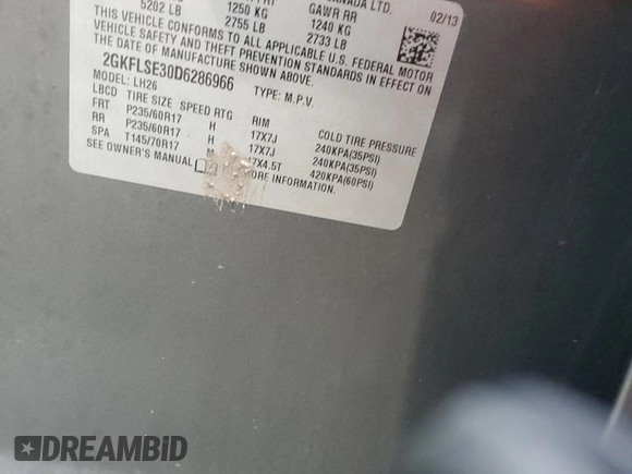 2013 GMC Terrain SLE with VIN 2GKFLSE30D6286966, listed as a Copart auction lot 84233124 with Not Provided miles and Salvage Title. Bid and sale history available at DreamBid. Image 14.