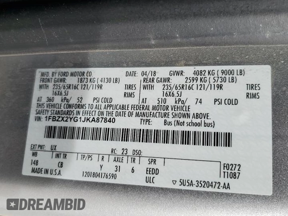 2018 Ford Transit Passenger XL with VIN 1FBZX2YG1JKA87840, listed as a Copart auction lot 86098874 with 68,853 mi miles and Salvage title. Bid and sale history available at DreamBid. Image 13.