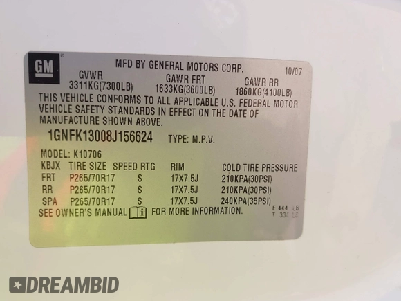 2008 Chevrolet Tahoe LTZ with VIN 1GNFK13008J156624, listed as a IAAI auction lot 42573117 with 185,116 mi miles and . Bid and sale history available at DreamBid. Image 9.