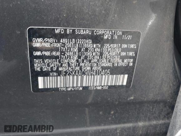 2022 Subaru Forester z VIN JF2SKAAC9NH410405, wystawiony jako IAAI lot #41636802 z przebiegiem 87 056 mil mil oraz . Historia ofert i sprzedaży dostępna na DreamBid. Obrazek 9.