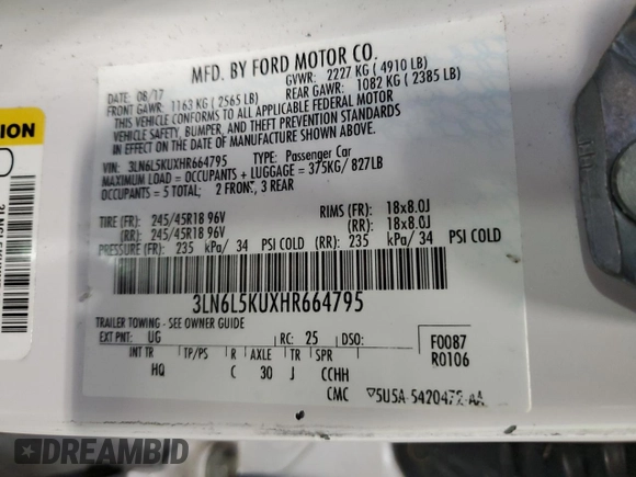 2017 Lincoln MKZ Hybrid Premiere with VIN 3LN6L5KUXHR664795, listed as a Copart auction lot 47325875 with 51,147 mi miles and Salvage Title. Bid and sale history available at carsss.com. Image 14.