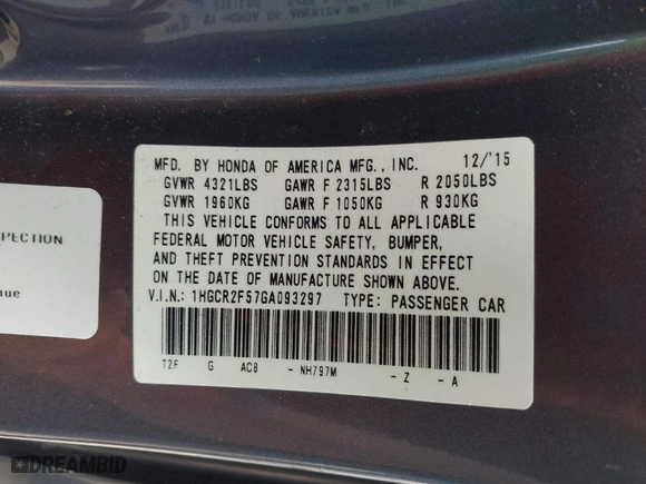 2016 Honda Accord Sedan Sport with VIN 1HGCR2F57GA093297, listed as a IAAI auction lot 41875809 with 90,057 mi miles. Bid and sale history available at carsss.com. Image 9.
