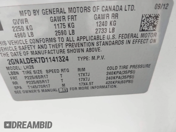 2013 Chevrolet Equinox LT z VIN 2GNALDEK7D1141324, wystawiony jako IAAI lot #42320490 z przebiegiem 158 523 mil mil oraz . Historia ofert i sprzedaży dostępna na DreamBid. Obrazek 9.