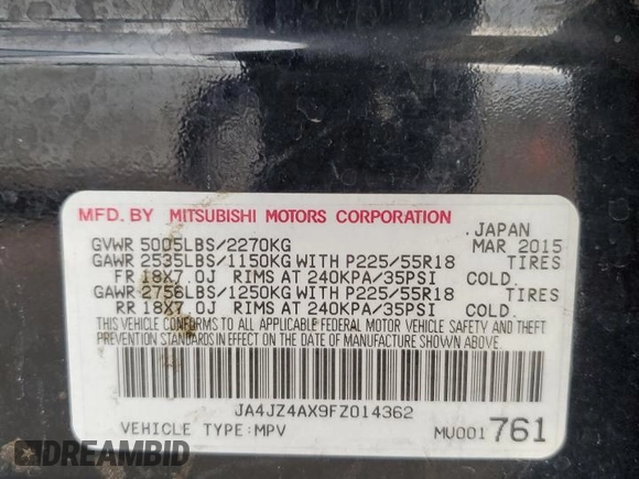 2015 Mitsubishi Outlander GT with VIN JA4JZ4AX9FZ014362, listed as a Copart auction lot 65437235 with 164,605 mi miles and Clean title. Bid and sale history available at DreamBid. Image 13.