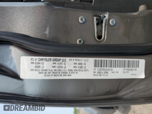 2013 Dodge Dart SXT with VIN 1C3CDFBA2DD343194, listed as a Copart auction lot 59505775 with 194,567 mi miles and Salvage title. Bid and sale history available at DreamBid. Image 13.