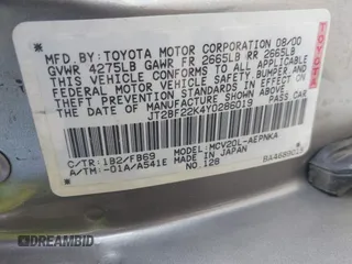 2000 Toyota Camry LE z VIN JT2BF22K4Y0286019, wystawiony jako IAAI lot #42083096 z przebiegiem 191 195 mil mil oraz . Historia ofert i sprzedaży dostępna na DreamBid. Obrazek 9.