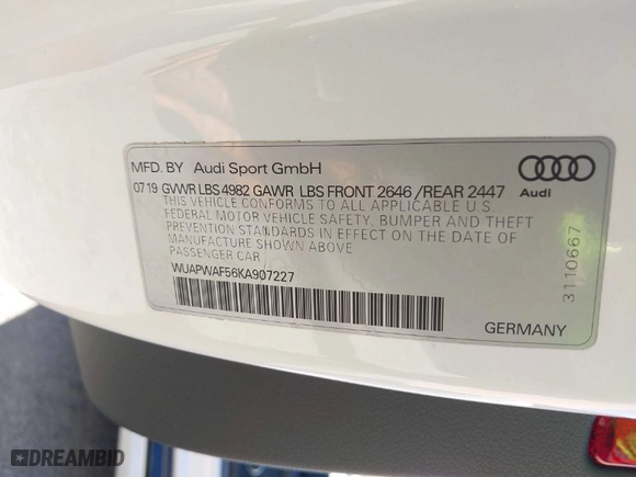 2019 Audi RS 5 Coupe with VIN WUAPWAF56KA907227, listed as a IAAI auction lot 41215802 with 43157 miles. Bid and sale history available at carsss.com. Image 9.