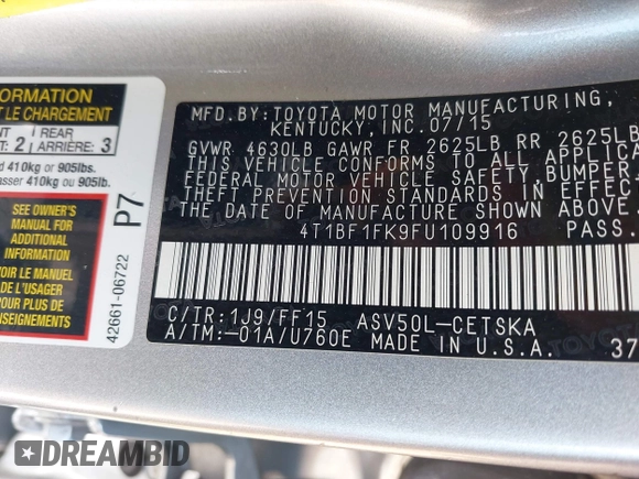2015 Toyota Camry XLE with VIN 4T1BF1FK9FU109916, listed as a IAAI auction lot 41985371 with 113,357 mi miles. Bid and sale history available at carsss.com. Image 9.
