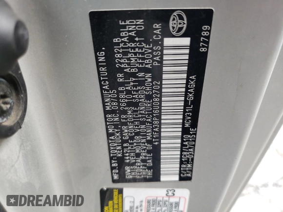 2006 Toyota Solara SE with VIN 4T1FA38P16U082702, listed as a Copart auction lot 64837465 with 287,064 mi miles and Salvage title. Bid and sale history available at DreamBid. Image 12.