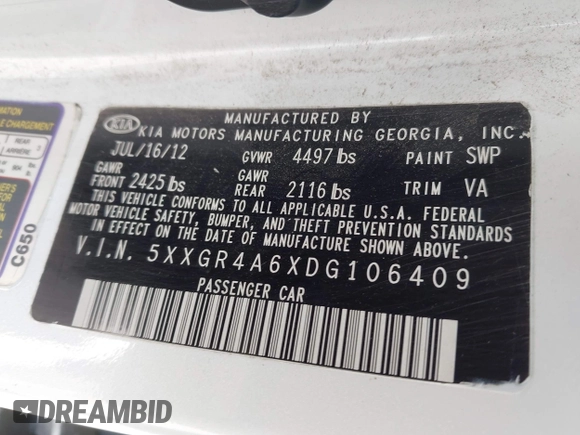 2013 Kia Optima SX with VIN 5XXGR4A6XDG106409, listed as a IAAI auction lot 42525630 with 213,722 mi miles and . Bid and sale history available at DreamBid. Image 9.