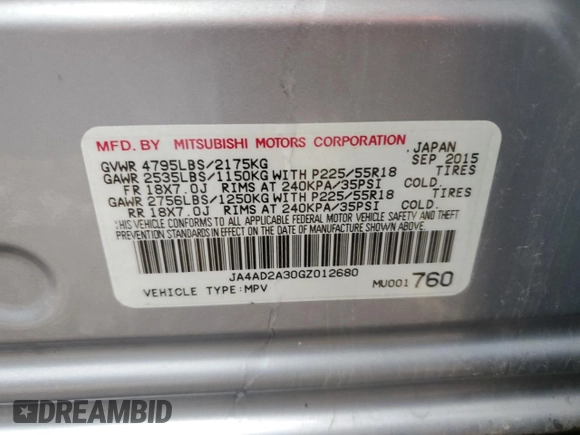 2016 Mitsubishi Outlander ES with VIN JA4AD2A30GZ012680, listed as a Copart auction lot 58815955 with 168,811 mi miles and Clean title. Bid and sale history available at DreamBid. Image 13.