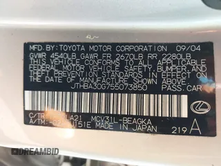 2005 Lexus ES 350 with VIN JTHBA30G755073850, listed as a IAAI auction lot 39519099 with 200,886 mi miles and . Bid and sale history available at DreamBid. Image 9.