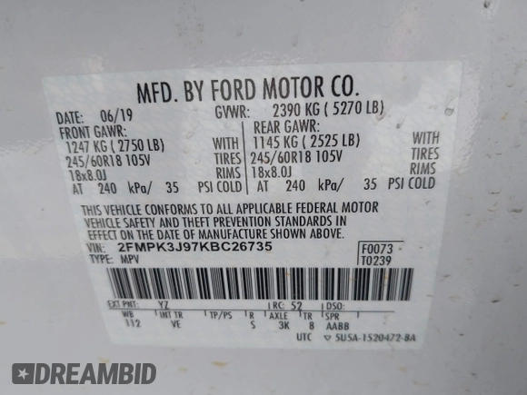 2019 Ford Edge SEL with VIN 2FMPK3J97KBC26735, listed as a IAAI auction lot 42482687 with 54,466 mi miles and . Bid and sale history available at DreamBid. Image 9.