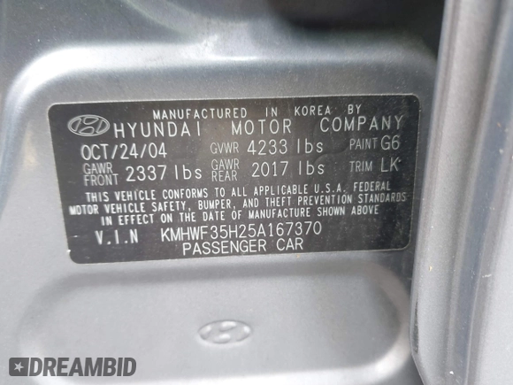 2005 Hyundai Sonata GLS with VIN KMHWF35H25A167370, listed as a IAAI auction lot 42049409 with 65,928 mi miles. Bid and sale history available at carsss.com. Image 9.