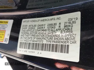 2019 Honda Accord Sedan Sport 1.5T with VIN 1HGCV1F34KA072372, listed as a IAAI auction lot 41433207 with 47,002 mi miles. Bid and sale history available at carsss.com. Image 9.