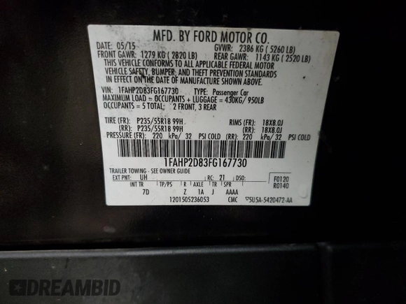 2015 Ford Taurus SE с VIN 1FAHP2D83FG167730, выставлен на аукционе Copart как лот 57817935 с пробегом 172 180 миль миль и Чистый • Clean title. История ставок и продаж доступна на DreamBid. Изображение 12.