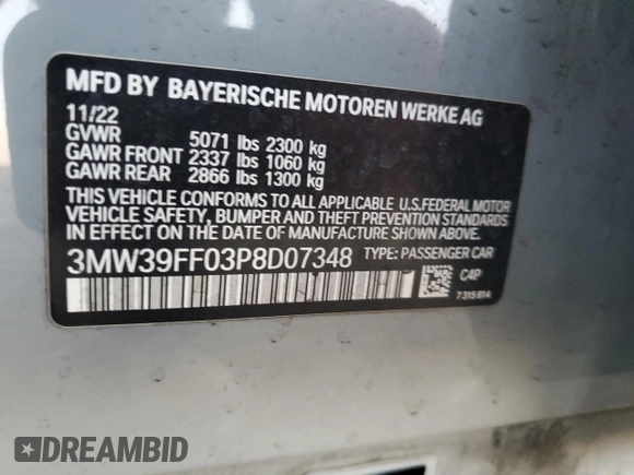 2023 BMW 3 Series 330e with VIN 3MW39FF03P8D07348, listed as a Copart auction lot 89401225 with 36,005 mi miles and Salvage Title. Bid and sale history available at carsss.com. Image 12.