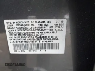 2010 Honda Pilot EX-L z VIN 5FNYF4H58AB034781, wystawiony jako IAAI lot #41875258 z przebiegiem 91 621 mil mil oraz . Historia ofert i sprzedaży dostępna na DreamBid. Obrazek 9.