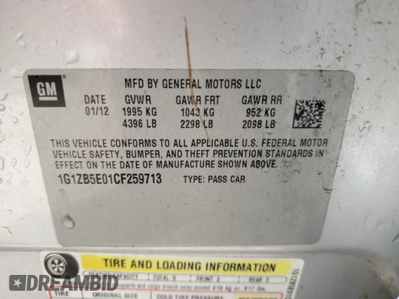 2012 Chevrolet Malibu 1LS with VIN 1G1ZB5E01CF259713, listed as a Copart auction lot 52376125 with 170,211 mi miles and Salvage Title. Bid and sale history available at DreamBid. Image 12.