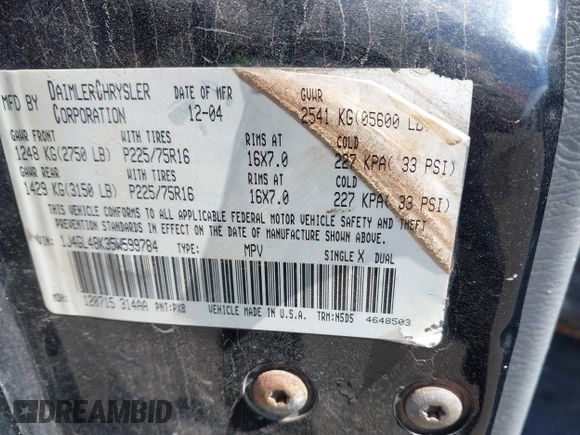 2005 Jeep Liberty Sport with VIN 1J4GL48K35W599784, listed as a IAAI auction lot 41886847 with 174,943 mi miles and . Bid and sale history available at DreamBid. Image 9.