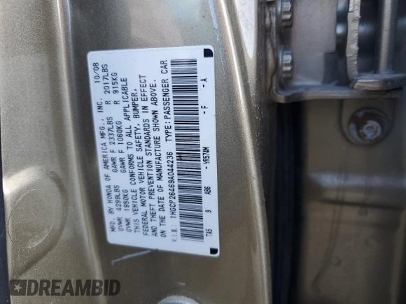 2009 Honda Accord LX-P with VIN 1HGCP26469A044236, listed as a Copart auction lot 49244925 with 118,376 mi miles and Salvage Title. Bid and sale history available at DreamBid. Image 13.