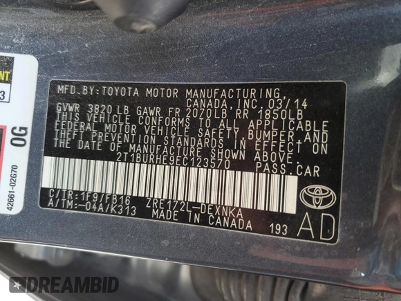 2014 Toyota Corolla L z VIN 2T1BURHE9EC123570, wystawiony jako Copart lot #64929045 z przebiegiem 128 731 mil mil oraz Szkoda całkowita • Salvage title. Historia ofert i sprzedaży dostępna na DreamBid. Obrazek 13.