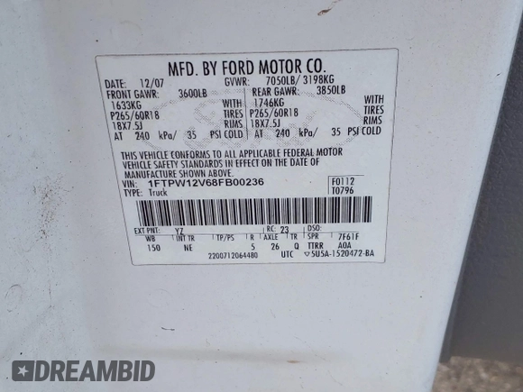 2008 Ford F-150 XLT с VIN 1FTPW12V68FB00236, выставлен на аукционе IAAI как лот 42591072 с пробегом 298 825 миль миль и . История ставок и продаж доступна на DreamBid. Изображение 9.