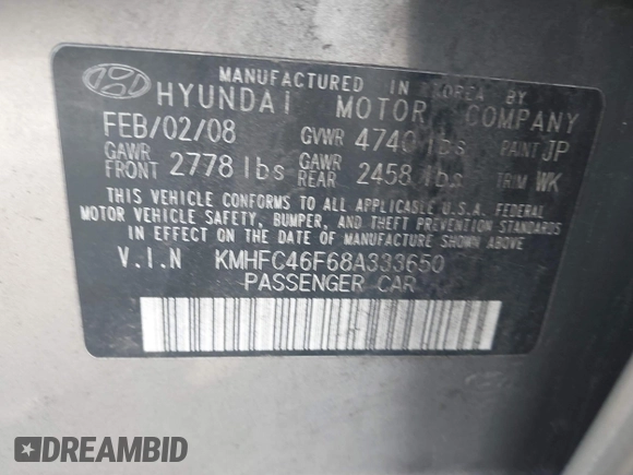 2008 Hyundai Azera Limited with VIN KMHFC46F68A333650, listed as a IAAI auction lot 42224987 with 105,229 mi miles and . Bid and sale history available at DreamBid. Image 9.