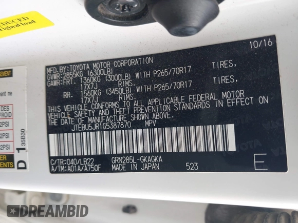2016 Toyota 4Runner Limited with VIN JTEBU5JR1G5387870, listed as a IAAI auction lot 41944390 with 145,876 mi miles and . Bid and sale history available at DreamBid. Image 9.