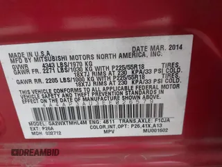 2014 Mitsubishi Outlander Sport ES with VIN 4A4AP3AU3EE026579, listed as a IAAI auction lot 41833606 with 104,583 mi miles. Bid and sale history available at carsss.com. Image 9.