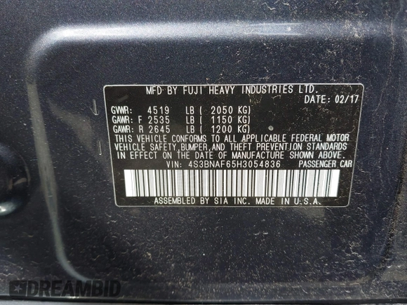 2017 Subaru Legacy Premium с VIN 4S3BNAF65H3054836, выставлен на аукционе IAAI как лот 42222125 с пробегом 69 048 миль миль и . История ставок и продаж доступна на DreamBid. Изображение 9.