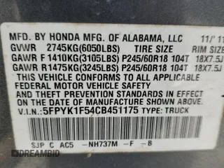 2012 Honda Ridgeline RTL z VIN 5FPYK1F54CB451175, wystawiony jako Copart lot #59536285 z przebiegiem 160 476 mil mil oraz Szkoda całkowita • Salvage title. Historia ofert i sprzedaży dostępna na DreamBid. Obrazek 12.