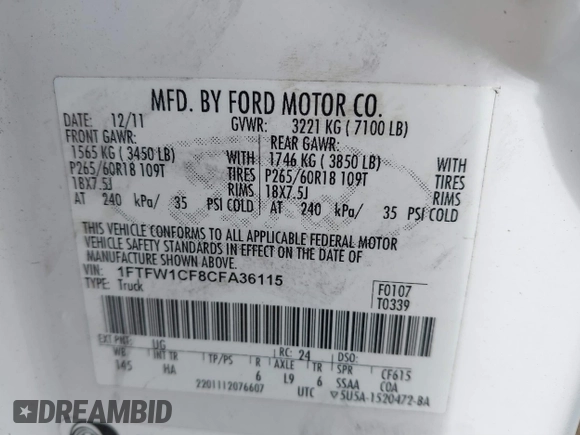 2012 Ford F-150 XL with VIN 1FTFW1CF8CFA36115, listed as a IAAI auction lot 41515870 with 1 mi miles. Bid and sale history available at carsss.com. Image 9.