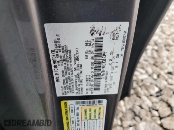 2013 Ford Fusion SE with VIN 3FA6P0H90DR363399, listed as a Copart auction lot 58213305 with 168,670 mi miles and Salvage title. Bid and sale history available at DreamBid. Image 12.