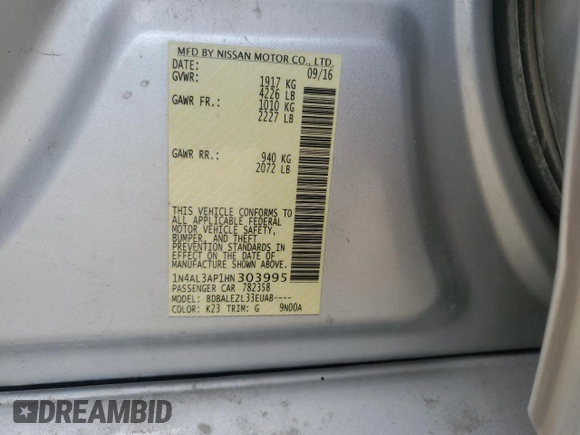 2017 Nissan Altima SR z VIN 1N4AL3AP1HN303995, wystawiony jako Copart lot #56240495 z przebiegiem 183 186 mil mil oraz Szkoda całkowita • Salvage title. Historia ofert i sprzedaży dostępna na DreamBid. Obrazek 12.